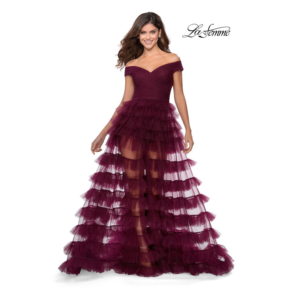 La Femme Off-Shoulder Ruffled Tulle Gown in Burgundy